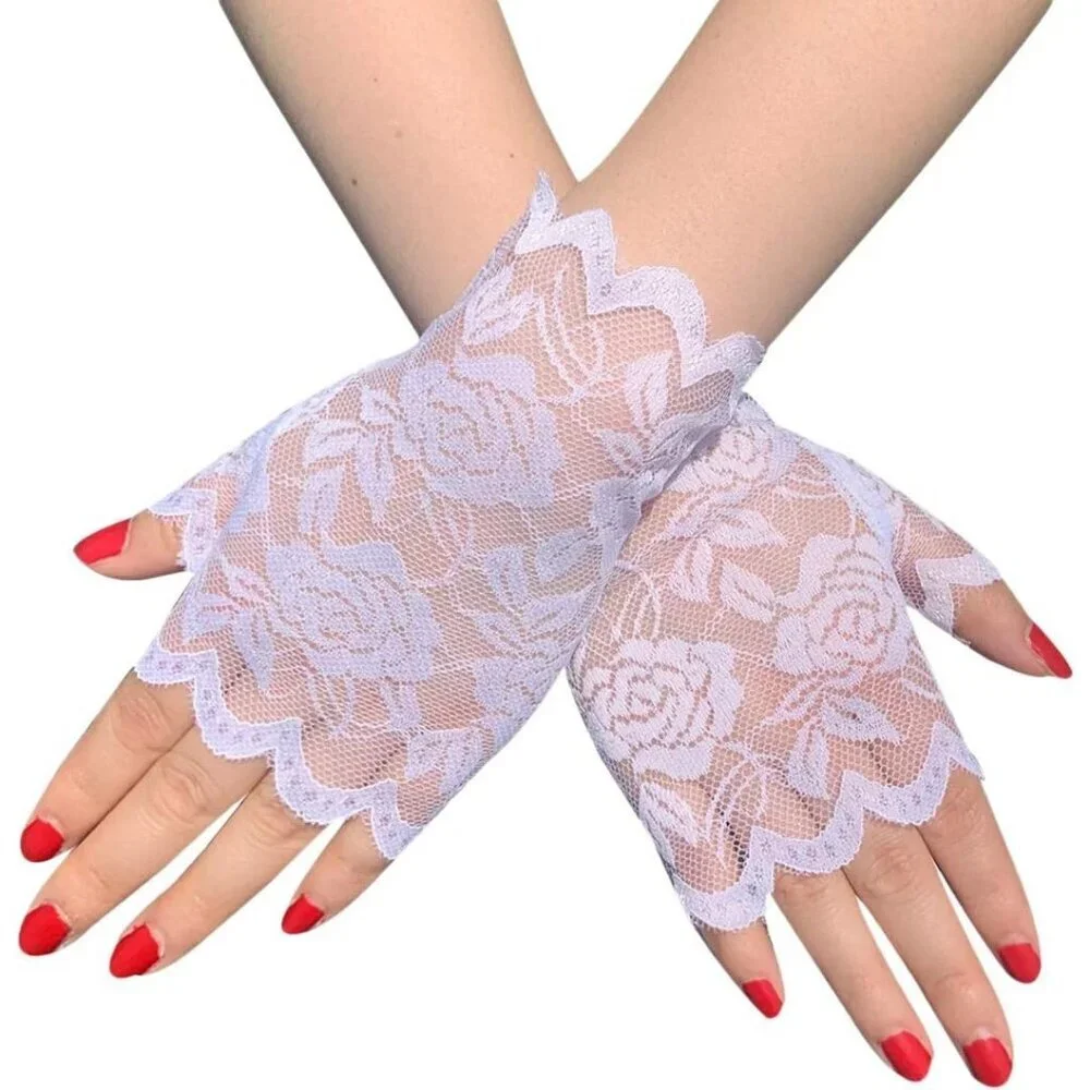 Women's Fancy Wrist White Short Lace Half Fingerless Gloves Wedding Party Tea